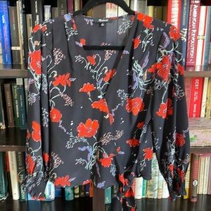 Madewell Wrap Blouse Midnight Blue with Poppy, Dusky Blue & Periwinkle Flowers